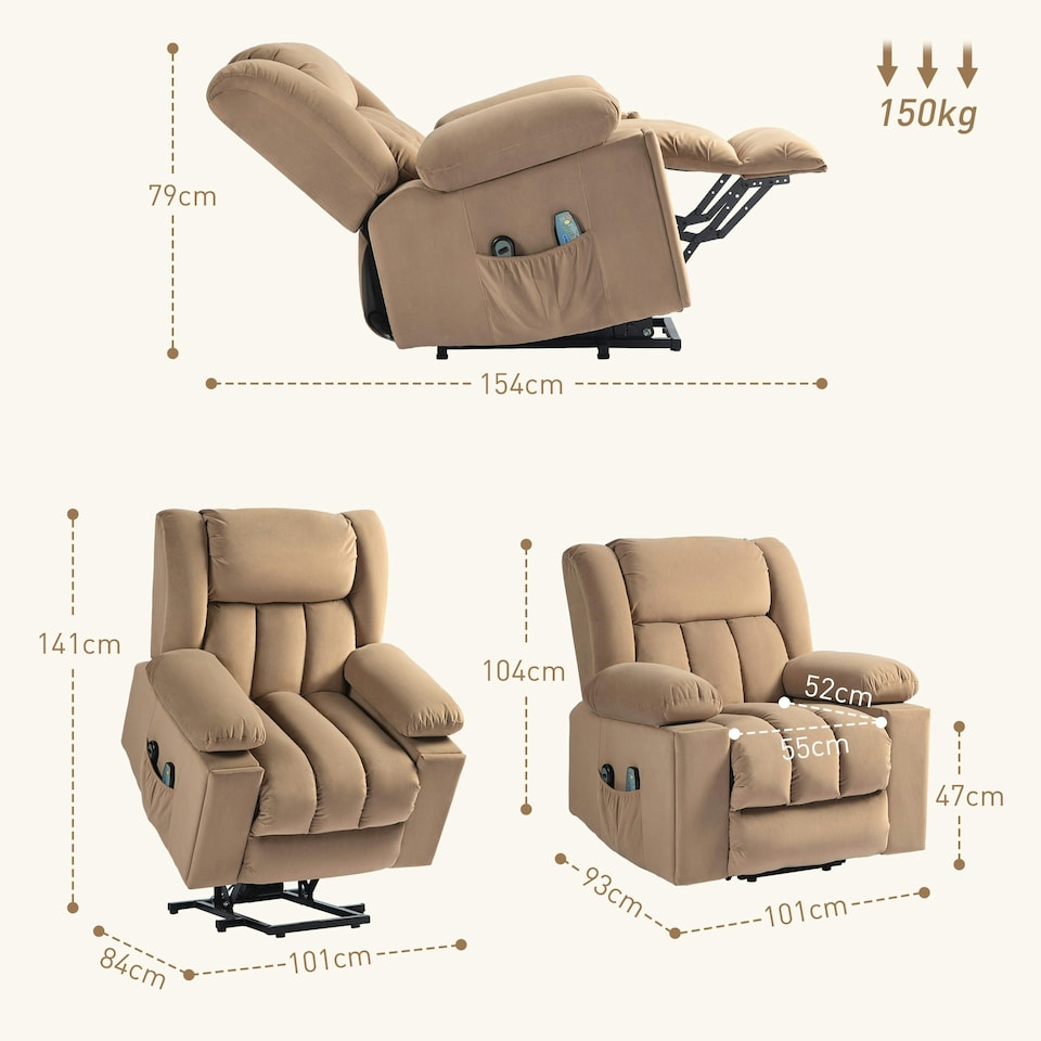 image 1 of HOMCOM Power Lift Recliner Chair with Vibration Massage, USB, Light Brown Brown | Light Brown