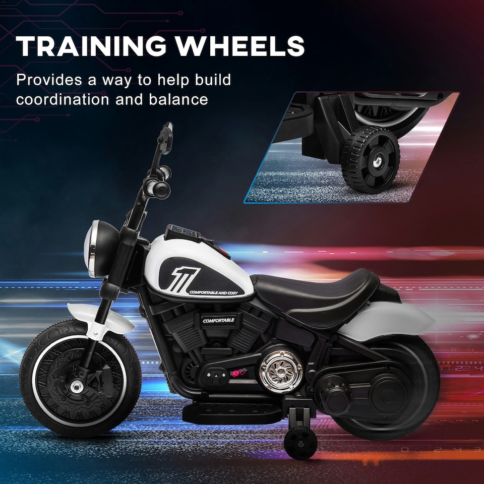 image 1 of HOMCOM 6V Electric Motorbike with Training Wheels, One-Button Start - White
