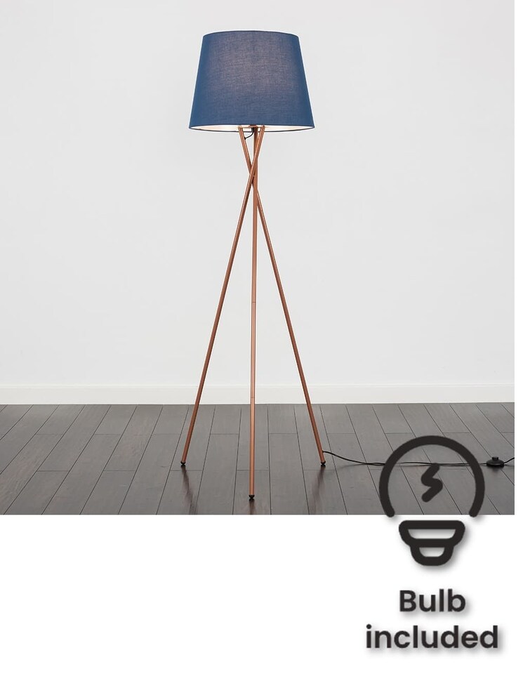 image 1 of ValueLights Camden Copper Tripod Floor Lamp Navy Taper Shade & Bulb | Blue