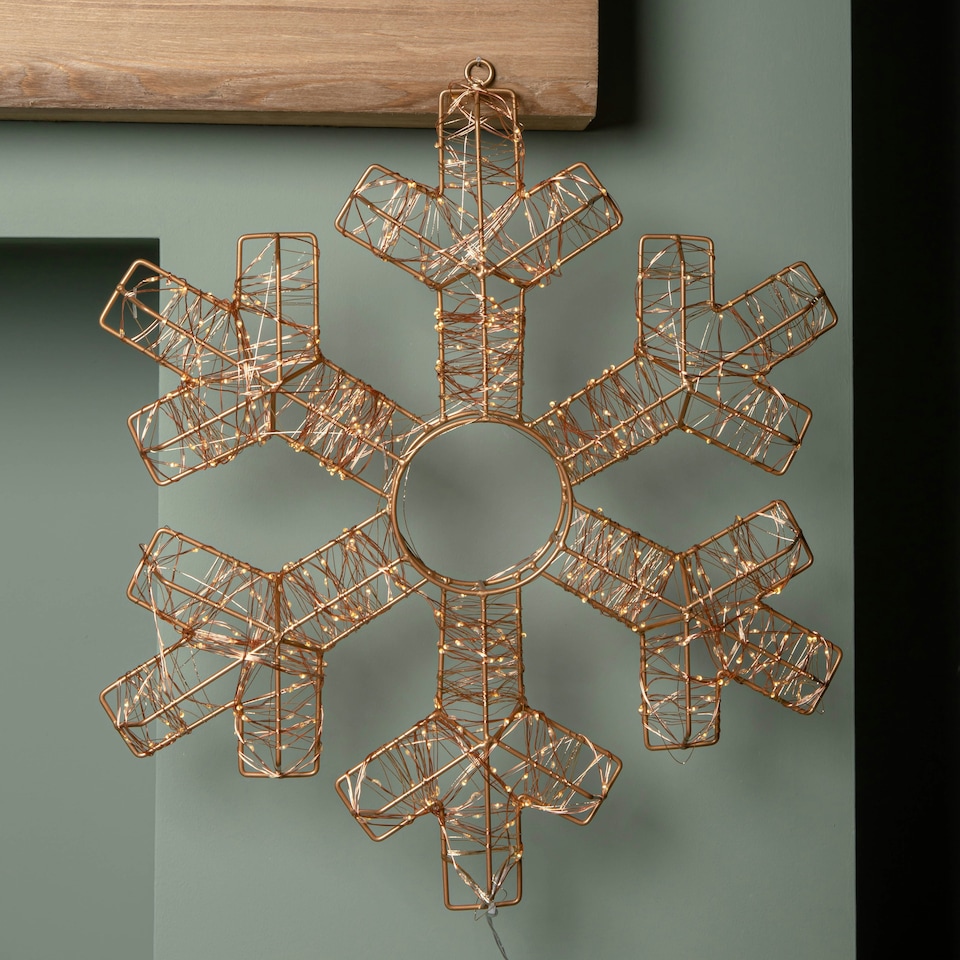 image 1 of 45cm Light up Rose Gold Metal Hanging Christmas Snowflake with 600 Warm White LEDs