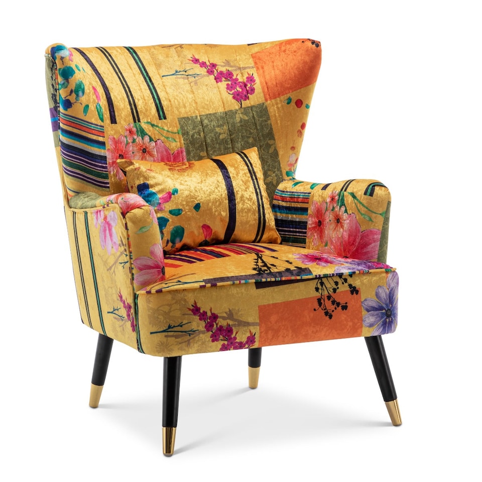 image 1 of Fabric Gold Patchwork Victoria Accent Wingback Chair with Footstool