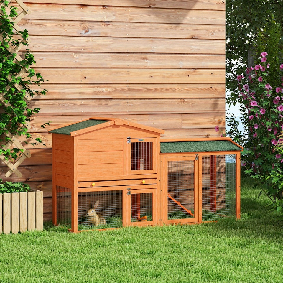 image 1 of PawHut Rabbit Hutch, Guinea Pig Hutch 2 Tier w/ Run & Tray, Asphalt Roof