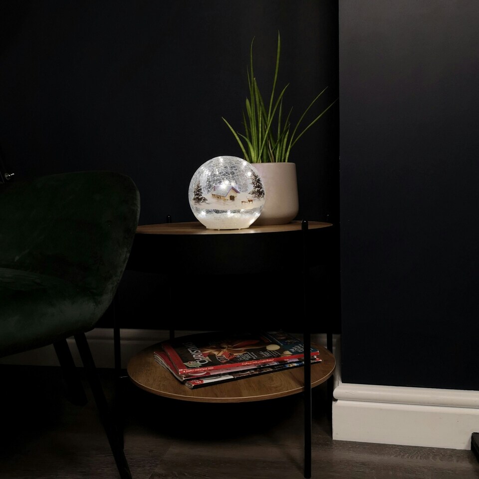 image 1 of 15cm Festive Christmas Crackle Effect Glass Lodge Scene LED Light Ball