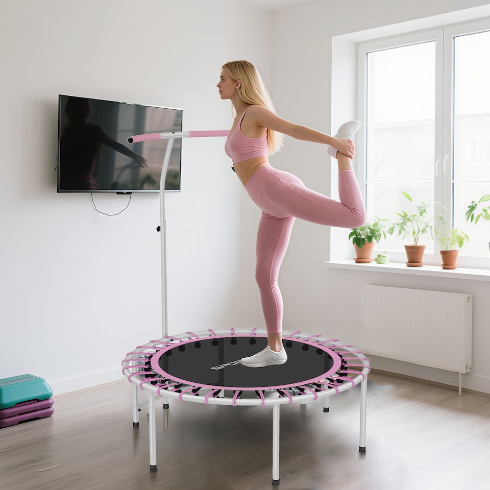 image 1 of SPORTNOW 40" Fitness Trampoline, Mini Rebounder Trampoline for Adults with 5-Level Adjustable Handle, Indoor Exercise Bungee Rebounder, Max Load 100KG, Purple | Purple