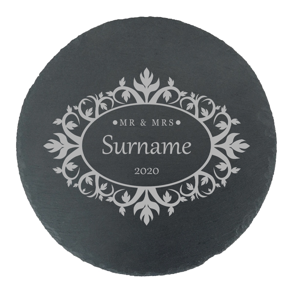 Uniqueful Personalised Round Slate Cheeseboard Mr & Mrs Design Wedding in Black
