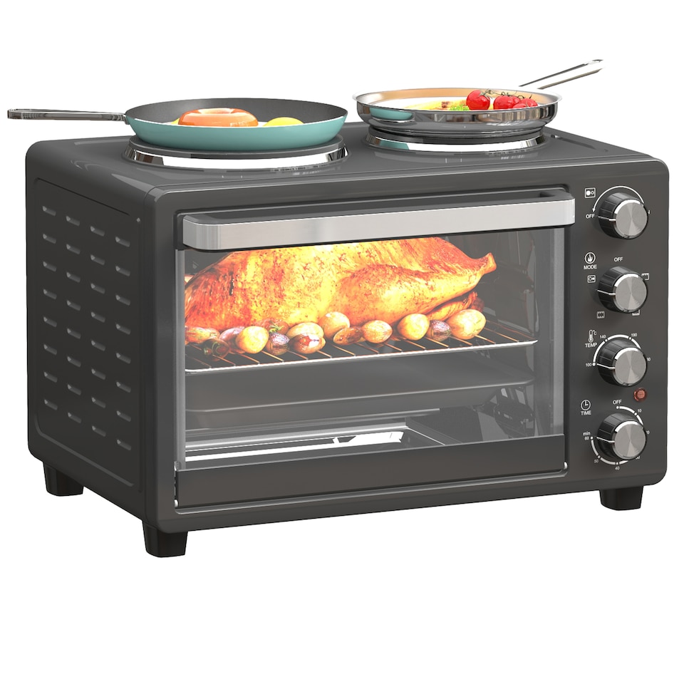 image 1 of HOMCOM 28L Countertop Toaster Oven with 2 Hot Plates, Grill, Roast, Bake | Black