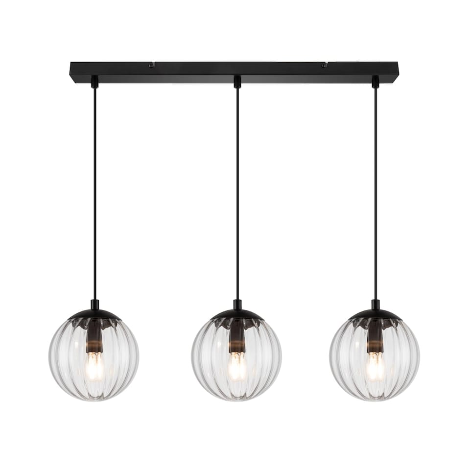 image 1 of COSYLYTE Kingston 3 Light Modern Ribbed Glass Pendant Light - Matt Black Metal | Black | 1
