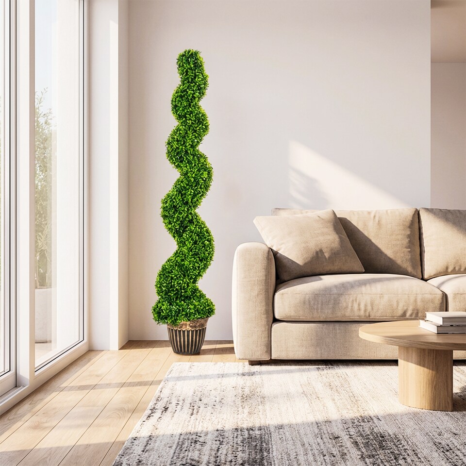 image 1 of HOMCOM Set of 2 Potted Artificial Plants, Topiary Spiral Boxwood Trees | Green | Boxwood Green | 5ft