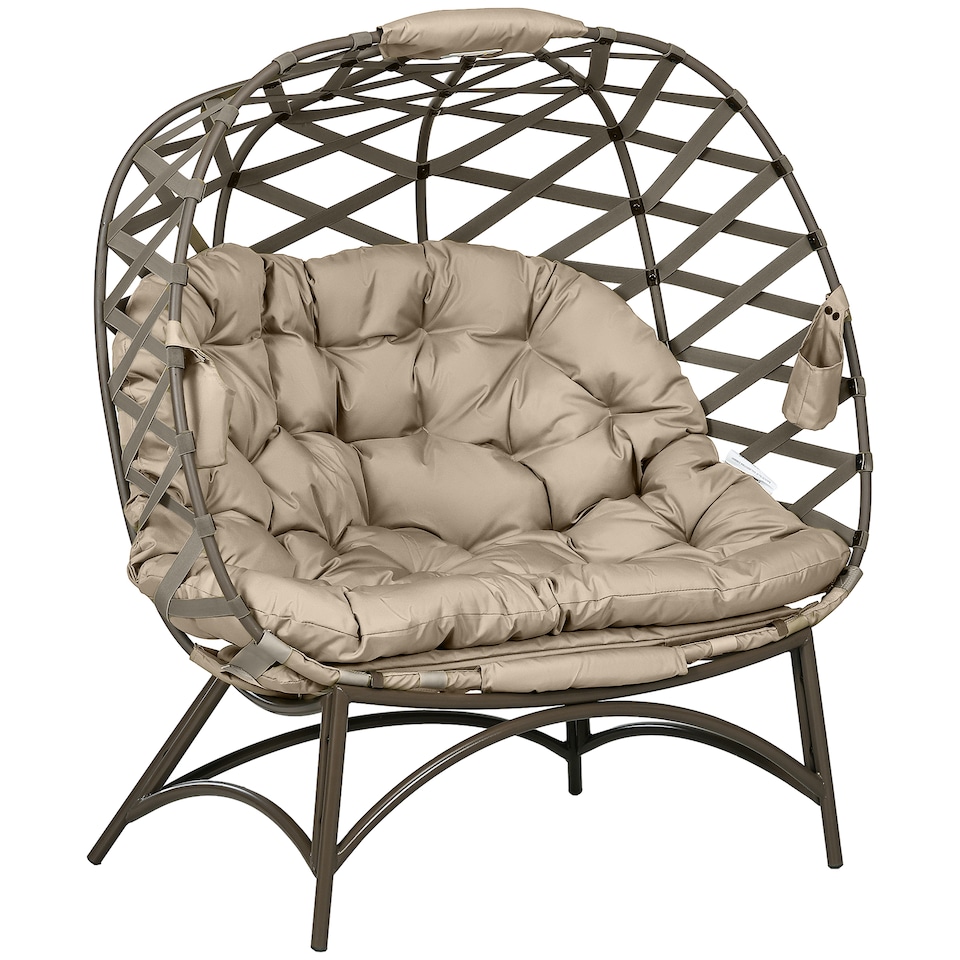 image 1 of Outsunny 2 Seater Egg Chair Outdoor with Cushion, Cup Pockets - Khaki