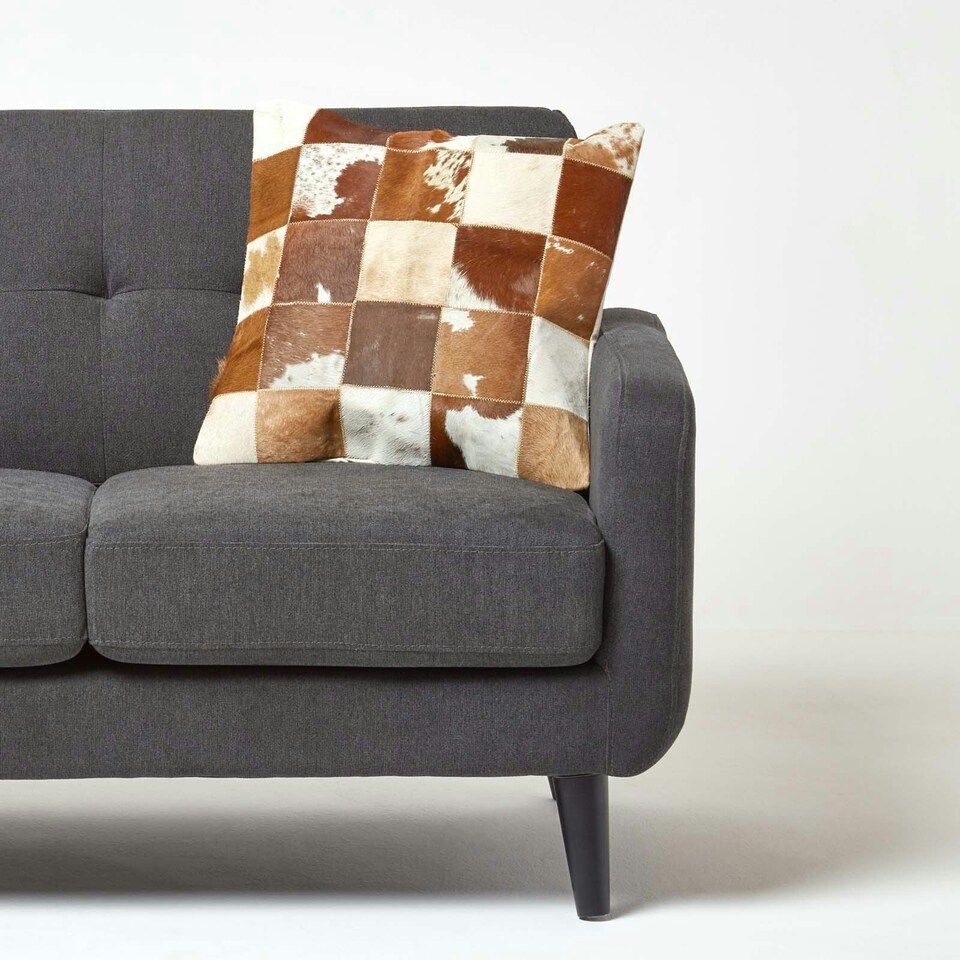 image 1 of Homescapes Beige and Cream Real Leather & Goat Hair Small Check Cushion with Feather Filling - 45 x 45 cm Cream