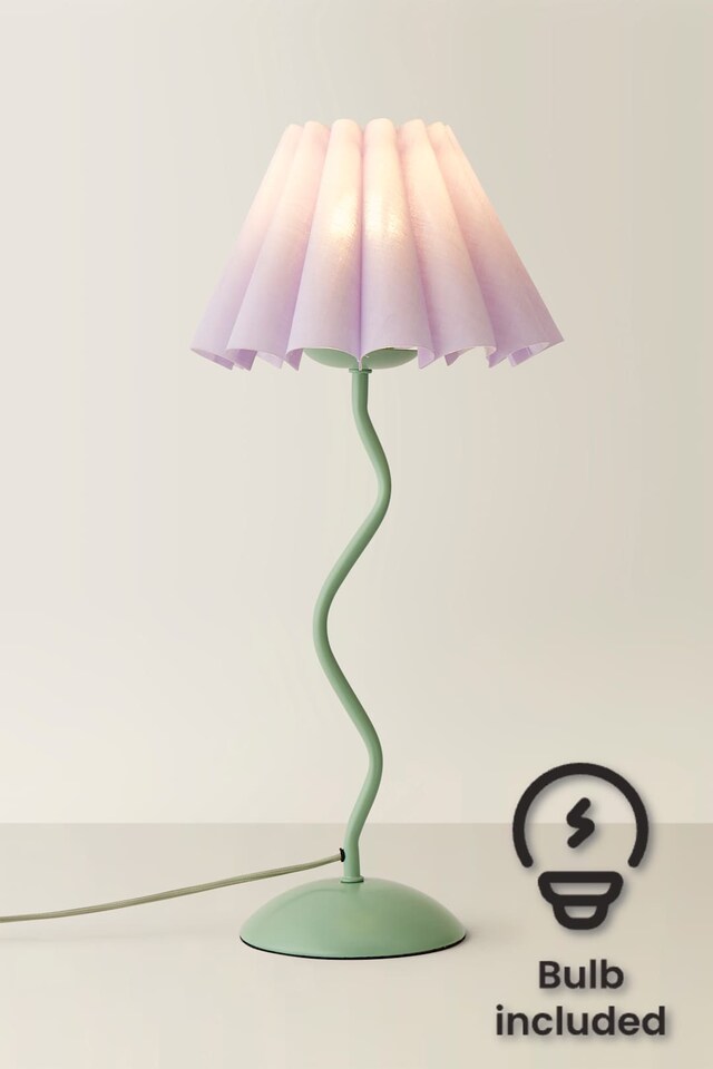 image 1 of ValueLights Wiggle Lilac Pleated Scallop Shade Moss Green Metal Table Lamp and Bulb