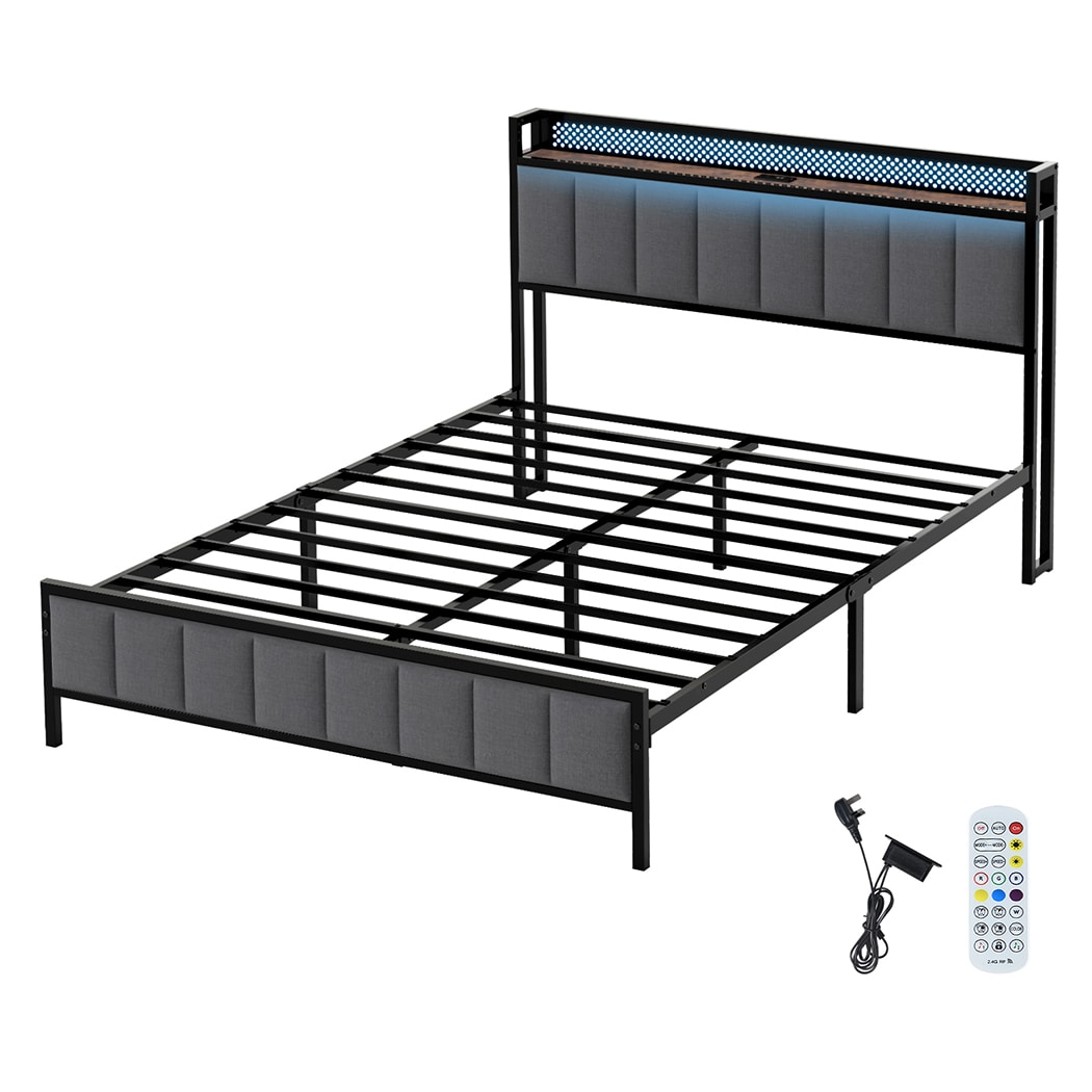 Levede King Bed Frame Upholstered Headboard Metal Base LED USB Lights | Grey | King | King