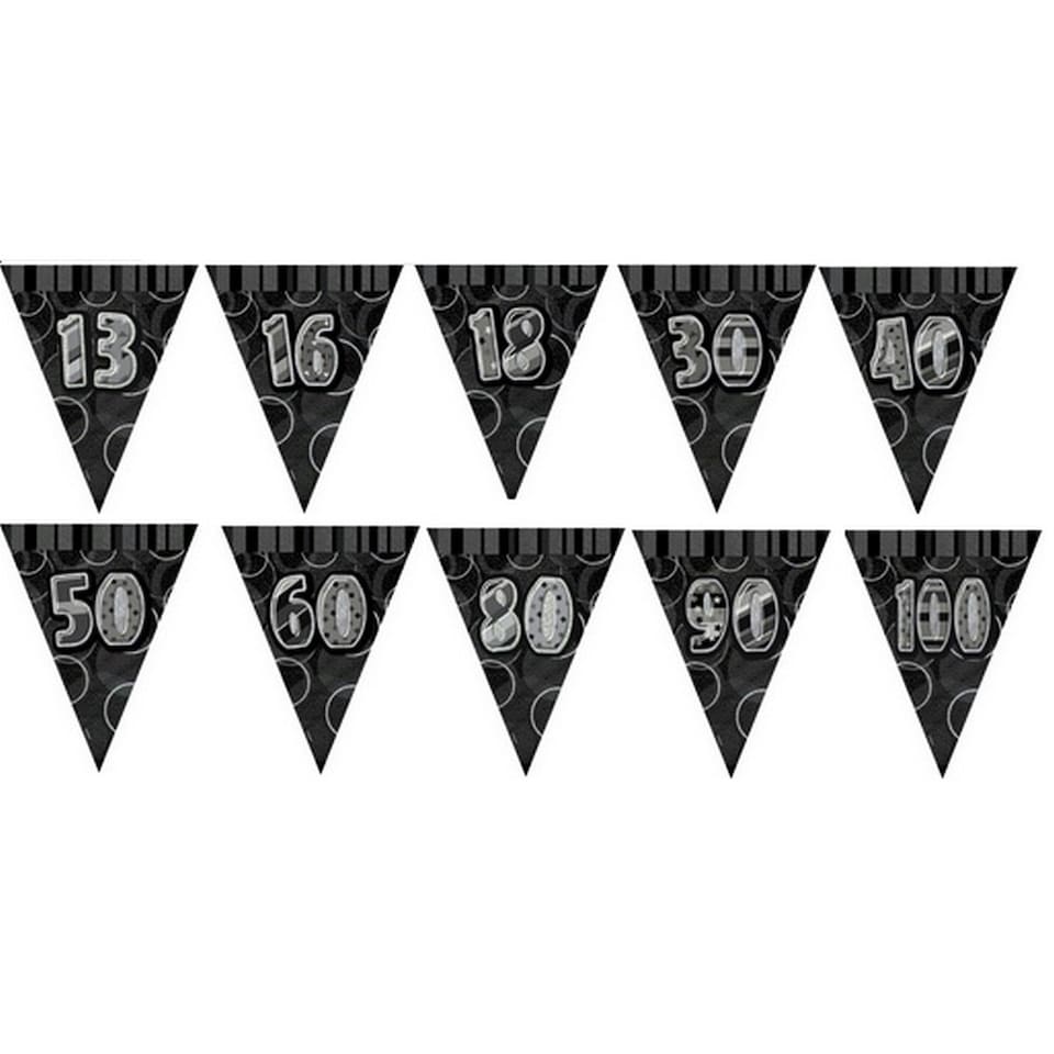 Unique Party Black & Silver Party Pennant Bunting - Black/Silver - 90