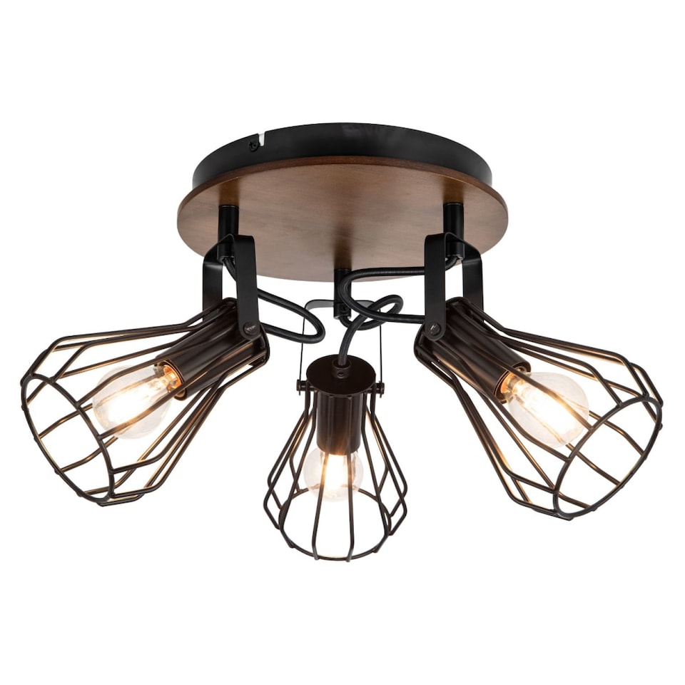 image 1 of COSYLYTE Kandan 3 Light Matt Black Wire Shade Spotlight with Wooden Backplate | Black | Walnut wood | 1