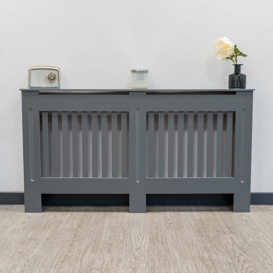 image 1 of JSH Radiator Cover Vertical Grey Slat Wood MDF - Large - 152cm (W) x 81.5cm (H) x 19cm (D) | Grey