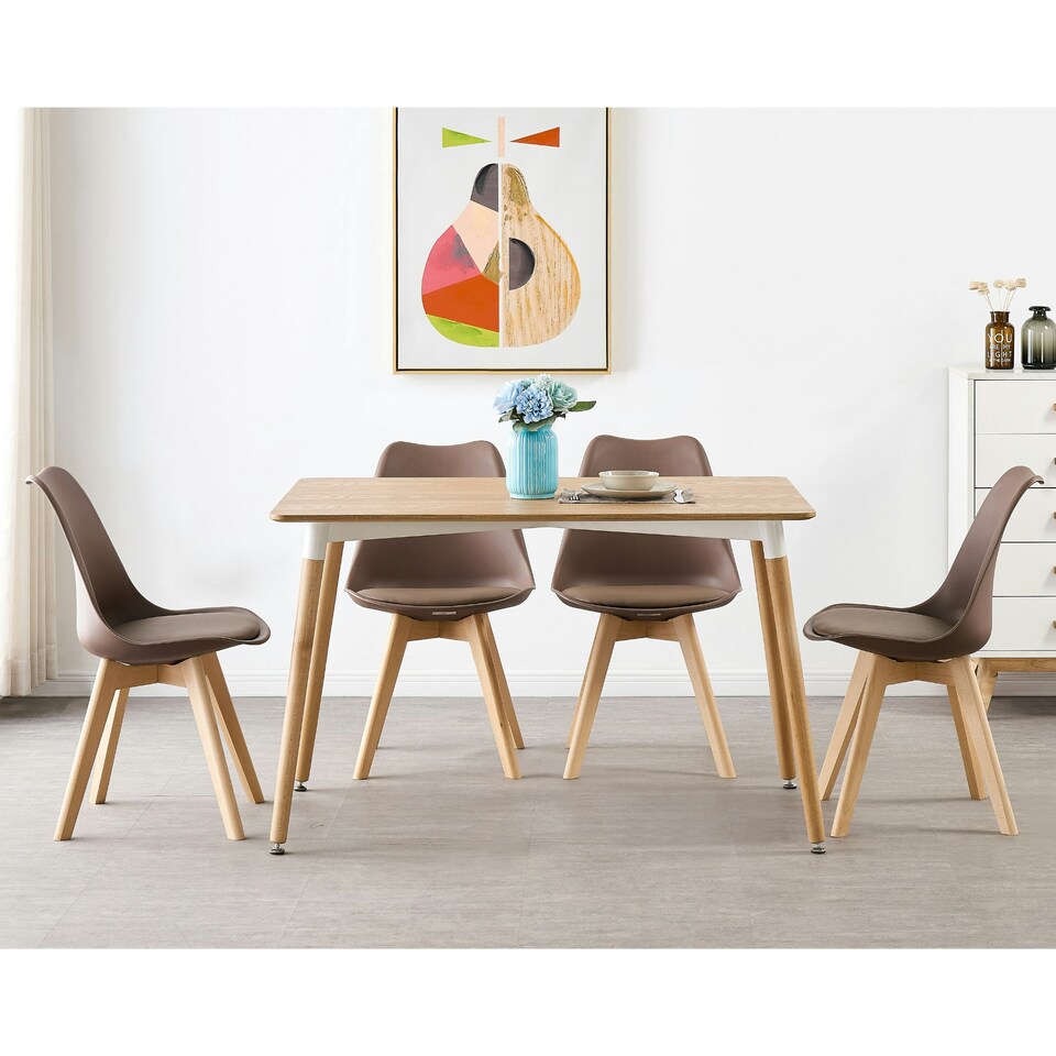 image 1 of Single Scandinavian Dining Chair with Leather Cushions Solid Wood Legs Brown