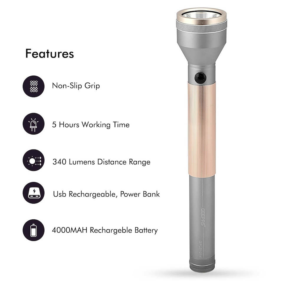 image 1 of GEEPAS Rechargeable LED Flashlight with Inbuilt Power Bank for USB Charging