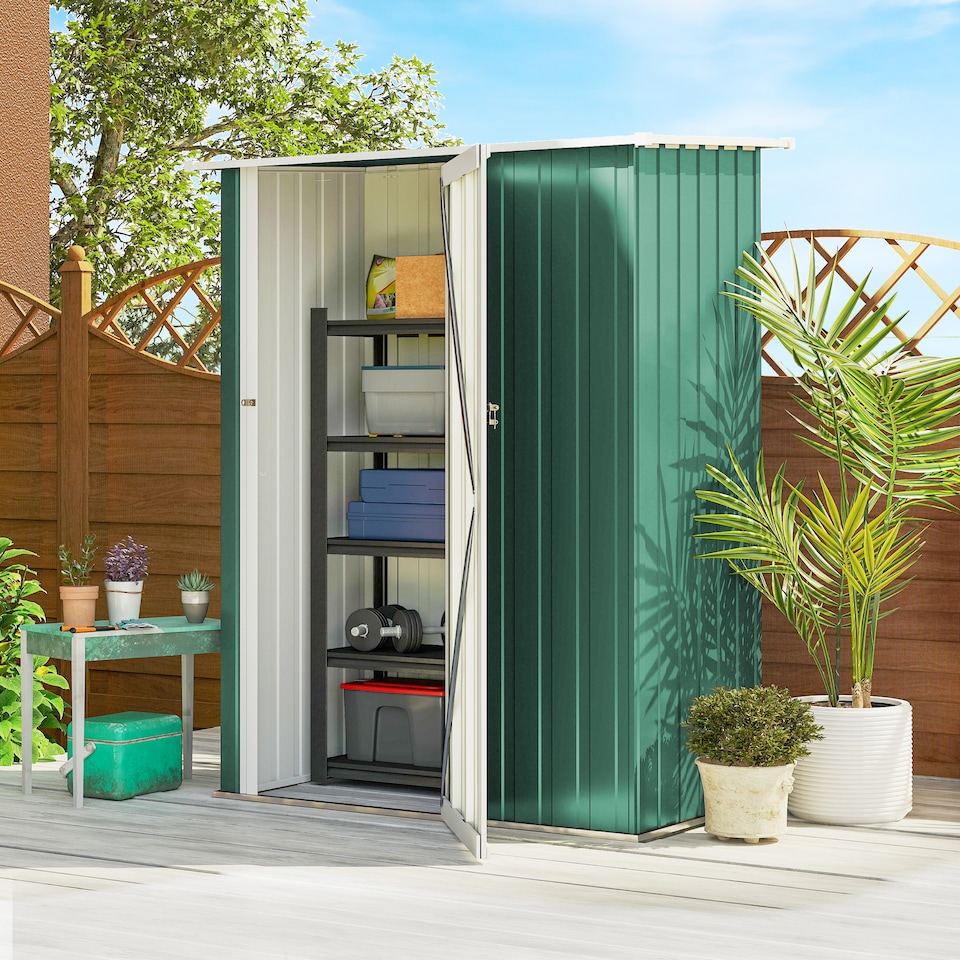 image 1 of Outsunny 5ft x 3ft Garden Storage Shed, Outdoor Metal Shed with Sloped Roof, Lockable Door for Tools, Equipment, Green