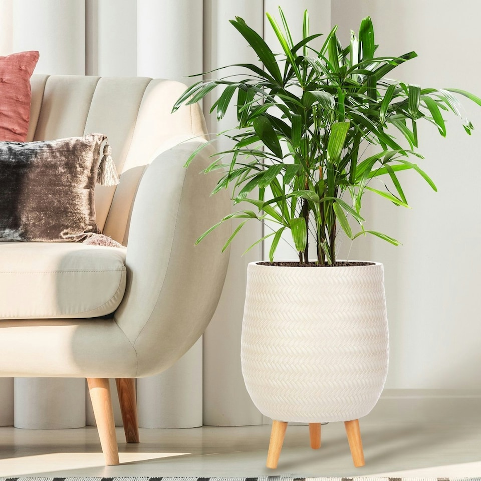 image 1 of Plaited Style Beige Planter with Legs, Round Indoor Plant Pot Stand for Indoor Plants by Idealist Lite D30 H43 cm, 19L
