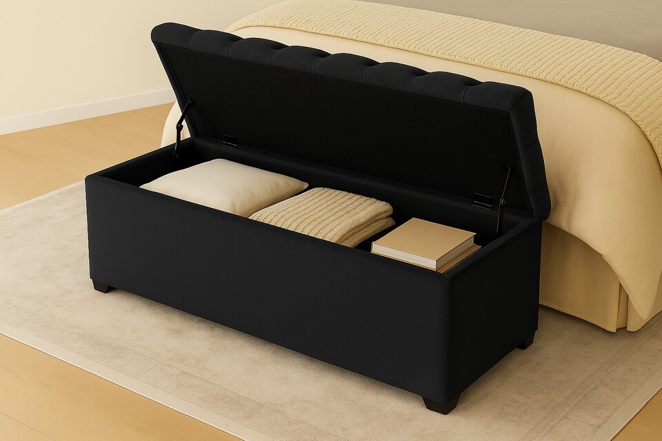 image 1 of 120cm Chesterfield Plush Velvet Black Upholstered Storage Ottoman Bench - Deep Tufted Lid & Wooden Leg