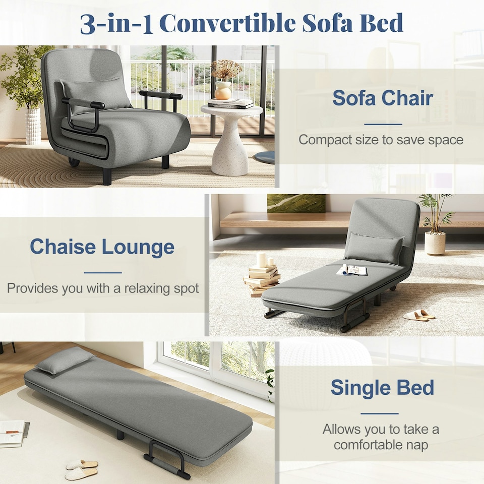 image 1 of COSTWAY 3-in-1 Convertible Sofa Bed Sleeper Chair Grey Grey