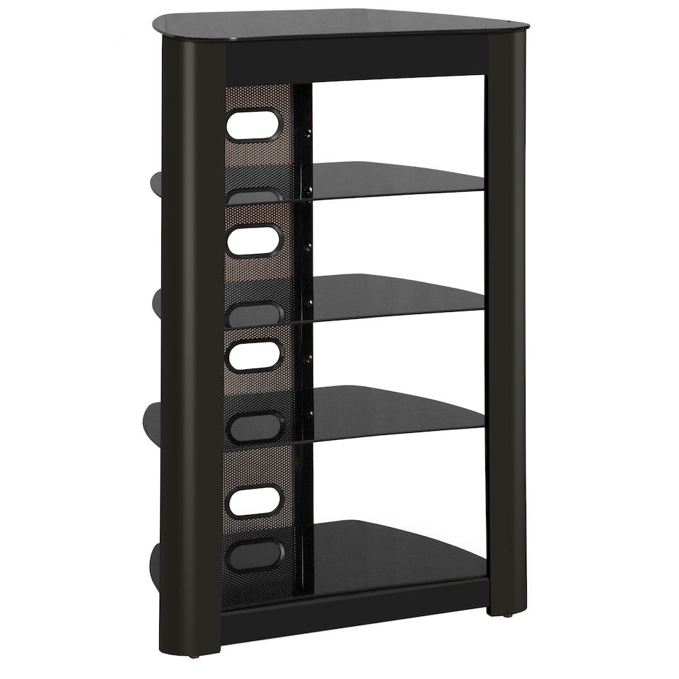 image 1 of Centurion Supports Zinnia 5-Shelf Black Glass with Gloss Black Fascia Flat Screen TV/Hi-Fi/AV Rack Glass Stand | Black | 1