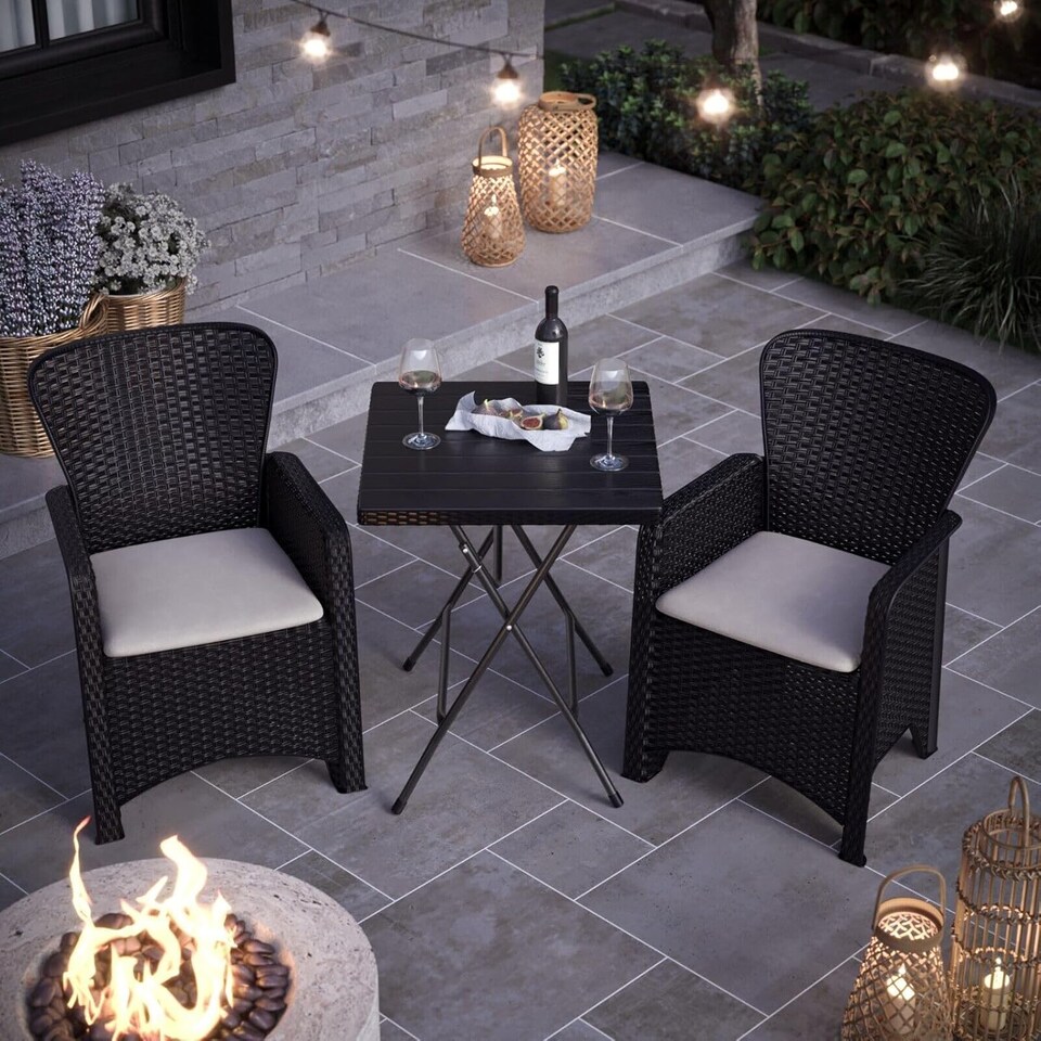 image 1 of 60cm Modern Black Rattan Wood Look Folding Table & 2 Chairs Compact Garden Patio Furniture Set