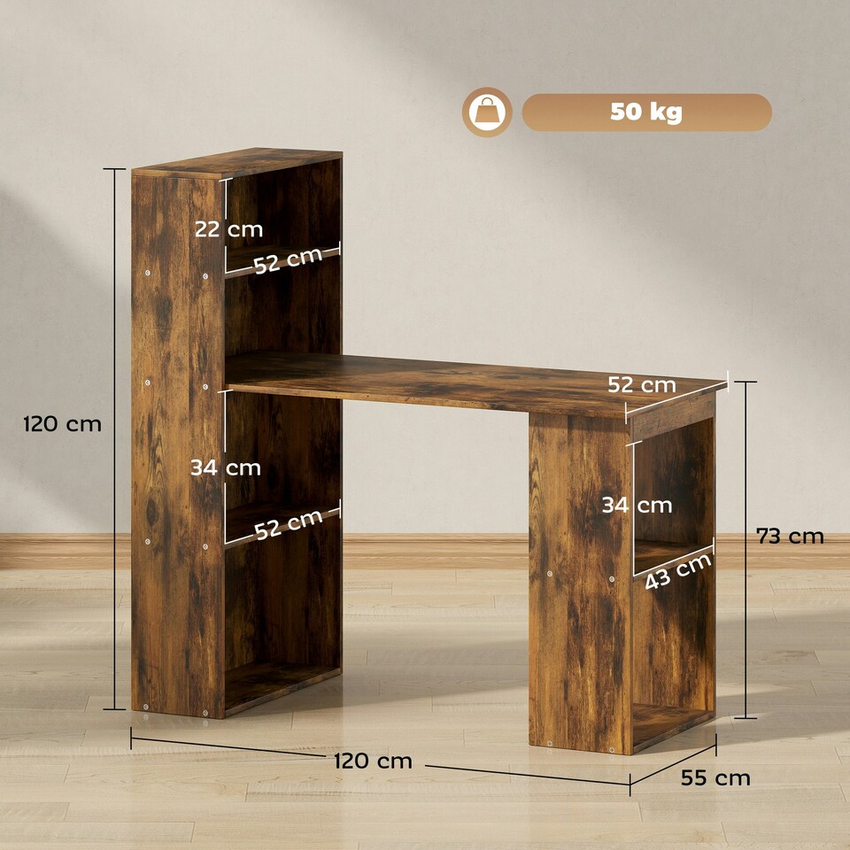image 1 of HOMCOM 120cm Computer Desk Bookshelf Writing Table 6 Shelves Brown | Brown | Rustic Brown Wood-Effect | 120L x 55D x 120Hcm