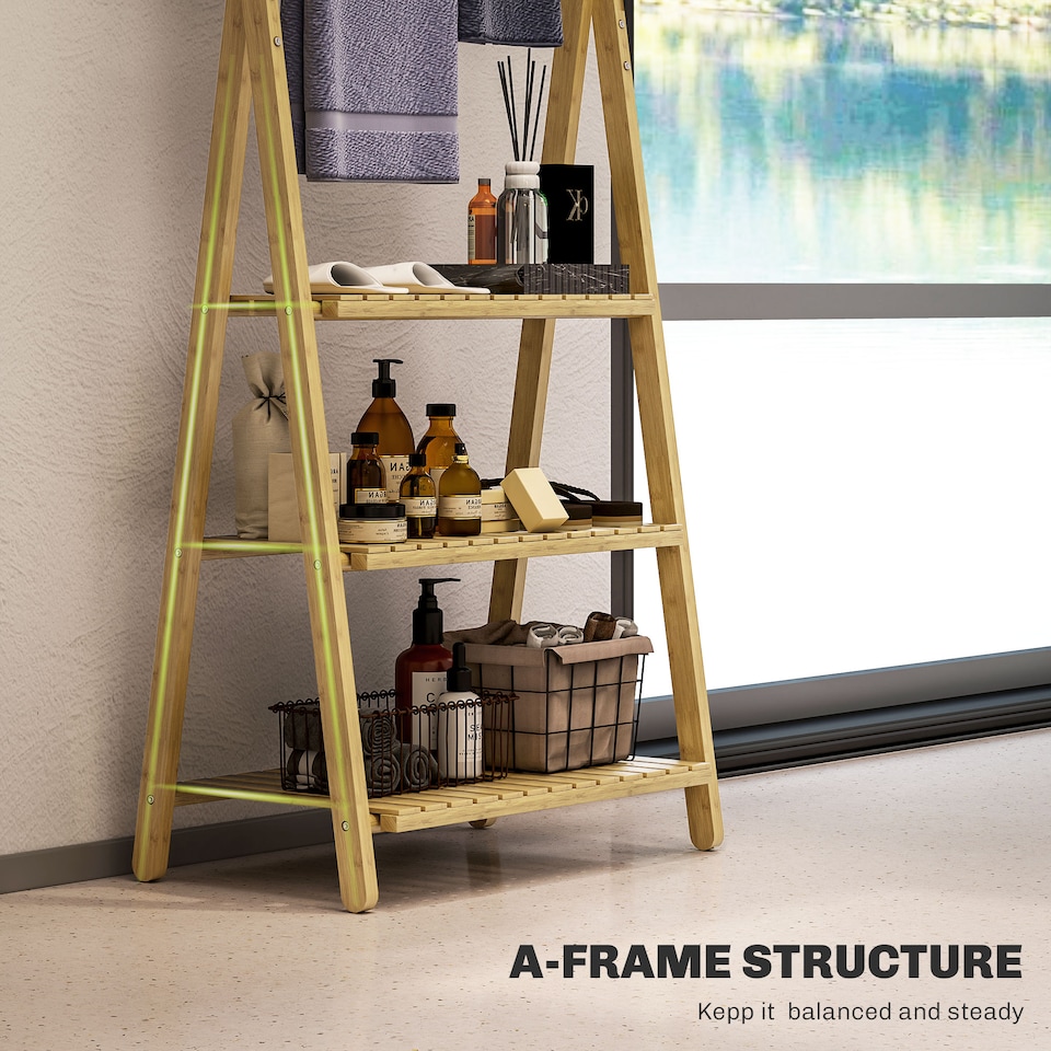 image 1 of HOMCOM Folding Bathroom Storage Shelves, 3-Tier A-Frame Bamboo Storage Shelving Unit with Towel Bars, Freestanding Shelves Rack Organiser for Living Room, Natural