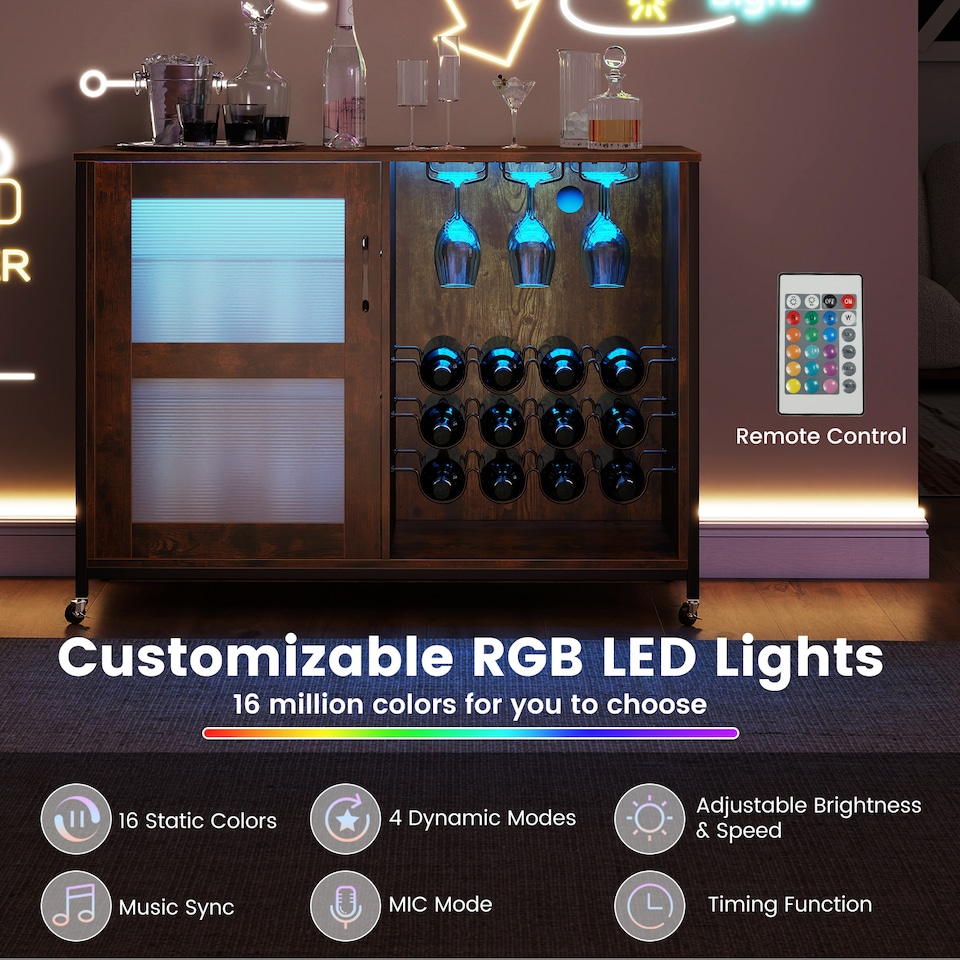 image 1 of COSTWAY Wine Bar Cabinet Liquor Buffet Sideboard with Wheels Brown