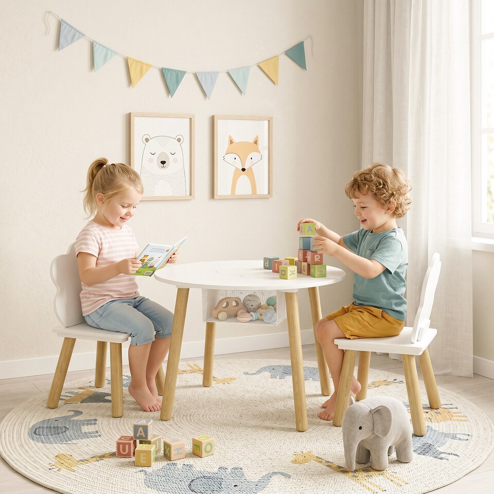 image 1 of AIYAPLAY Kids Table and Chairs Set with Storage Bag White