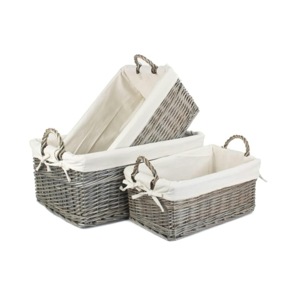 image 1 of Shallow Lined Antique Wash Storage Wicker Basket White | White | S