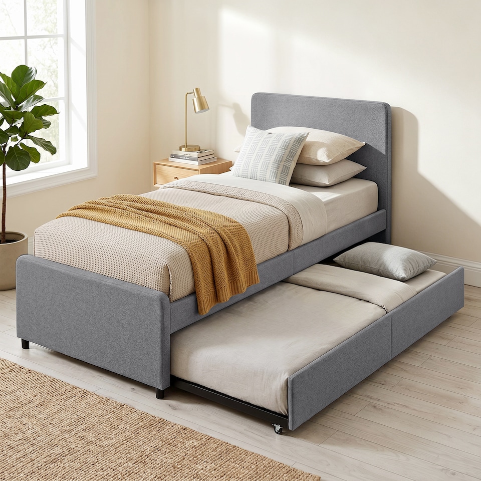 image 1 of HOMCOM 90 x 190 cm Upholstered Single Bed, Pull Out Trundle Bed