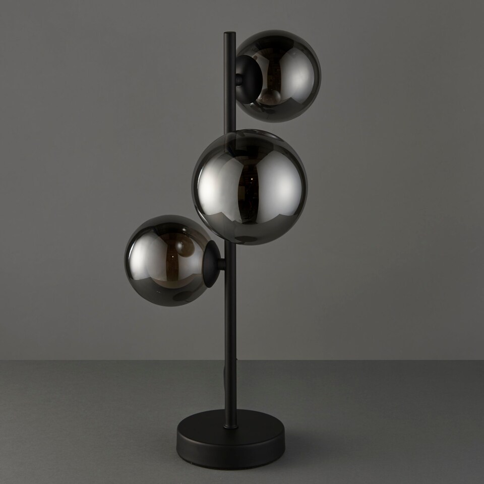 image 1 of Set of 2 Cole - Black with Smoke Glass Globes 3 Light Table Lamps