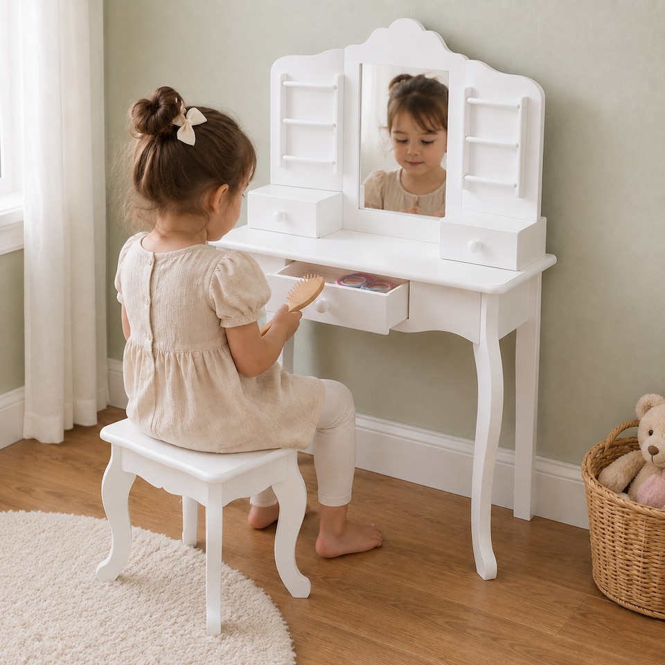 image 1 of Teamson Kids Wooden Kids Vanity Table and Stool Set, White with Drawers