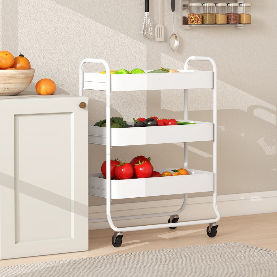 image 1 of HOMCOM 3-Tier Storage Trolley on Wheels, Rolling Utility Cart with Mesh Backets, Mobile Storage Cart for Kitchen, Bathroom, Bedroom, White | White | White