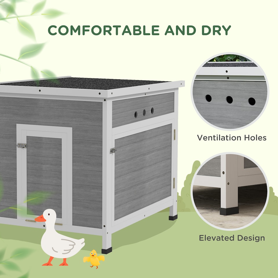 image 1 of PawHut Wooden Duck House, Raised Poultry Coop with Ramp, Double Doors, Openable Asphalt Roof, Ventilation Holes, Removable Base, for 2-4 Ducks, Chickens, Geese