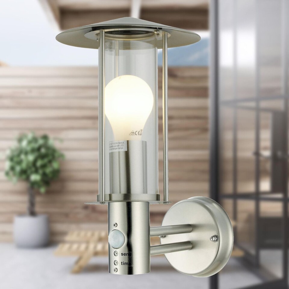 image 1 of Set of 2 Treviso - Brushed Stainless Steel Motion Sensor Outdoor Security Lights | Grey | Clear | 2