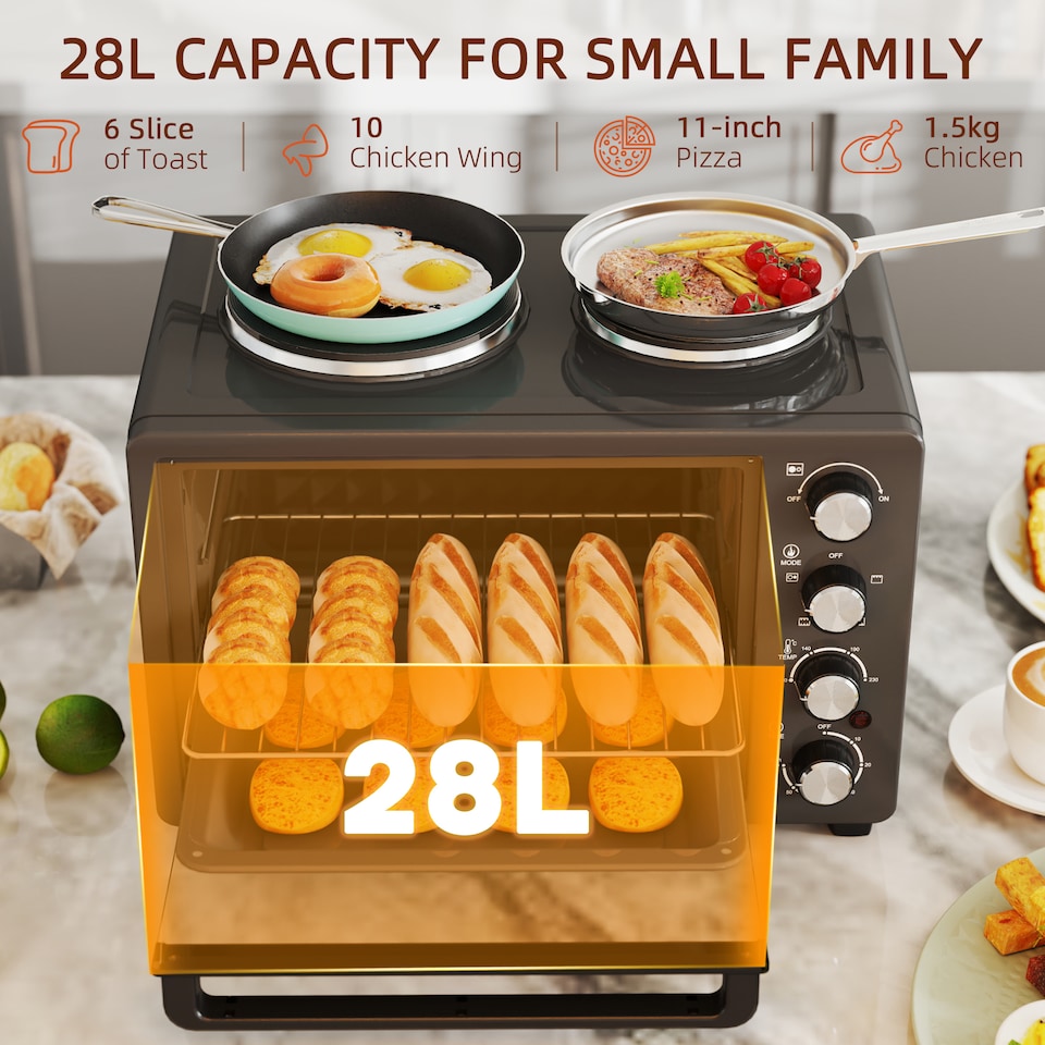 image 1 of HOMCOM 28L Countertop Toaster Oven with 2 Hot Plates, Grill, Roast, Bake