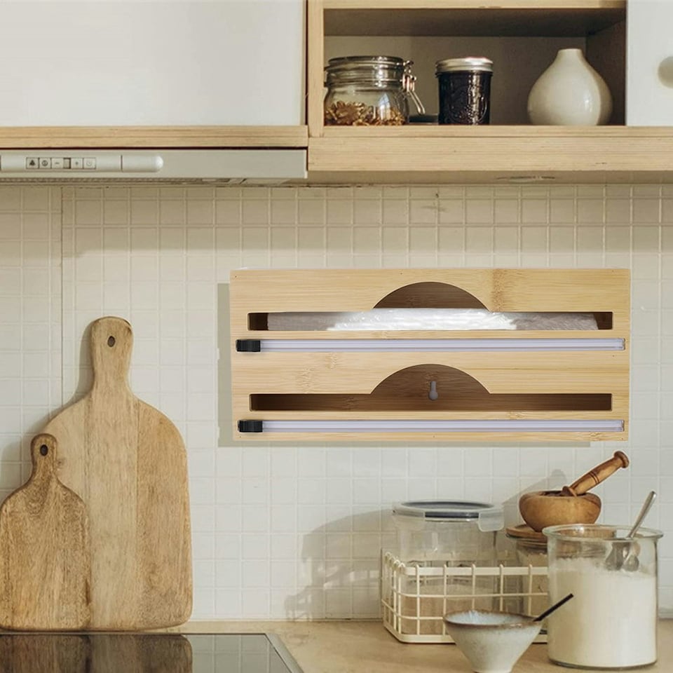image 1 of Living and Home 2-tier Wall Mounted Bamboo Wrap Dispenser with Cutters