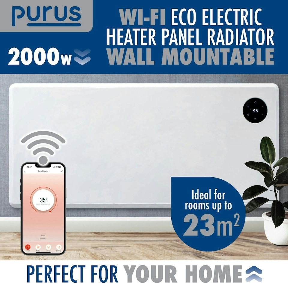 image 1 of Purus 2000W Smart Wifi Eco Heater Electric Panel Radiator Wall Mounted White