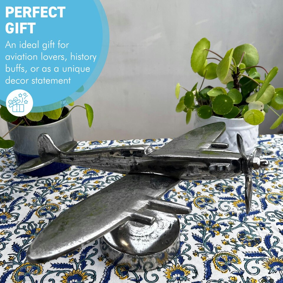 image 1 of Cast Aluminium Spitfire Model Plane display model on stand with distressed silver finish