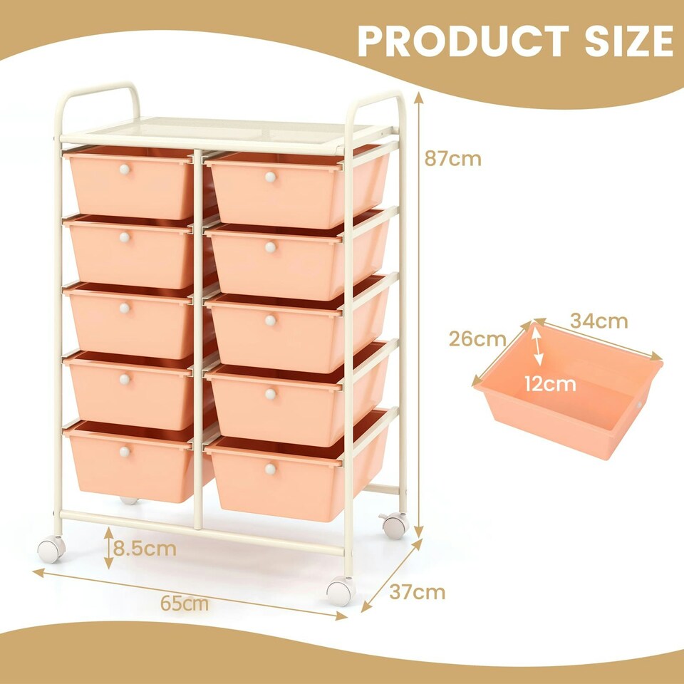 image 1 of COSTWAY 10 Drawers Storage Rolling Cart w/Universal Wheel Peach