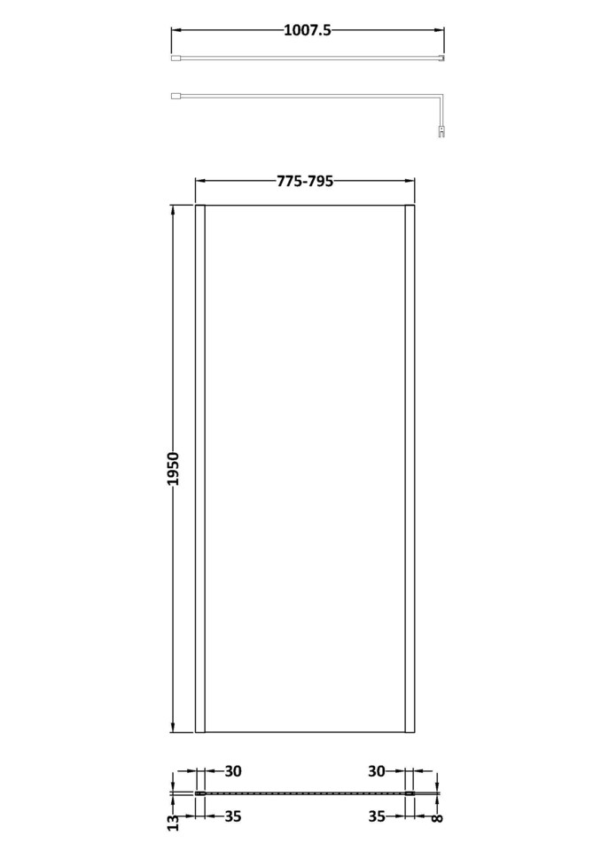 image 1 of Balterley Enson Contemporary Bathroom 8mm Glass Outer Framed Wetroom Screen with Support Bar, Brushed Brass, 1950 x 800 x 14mm