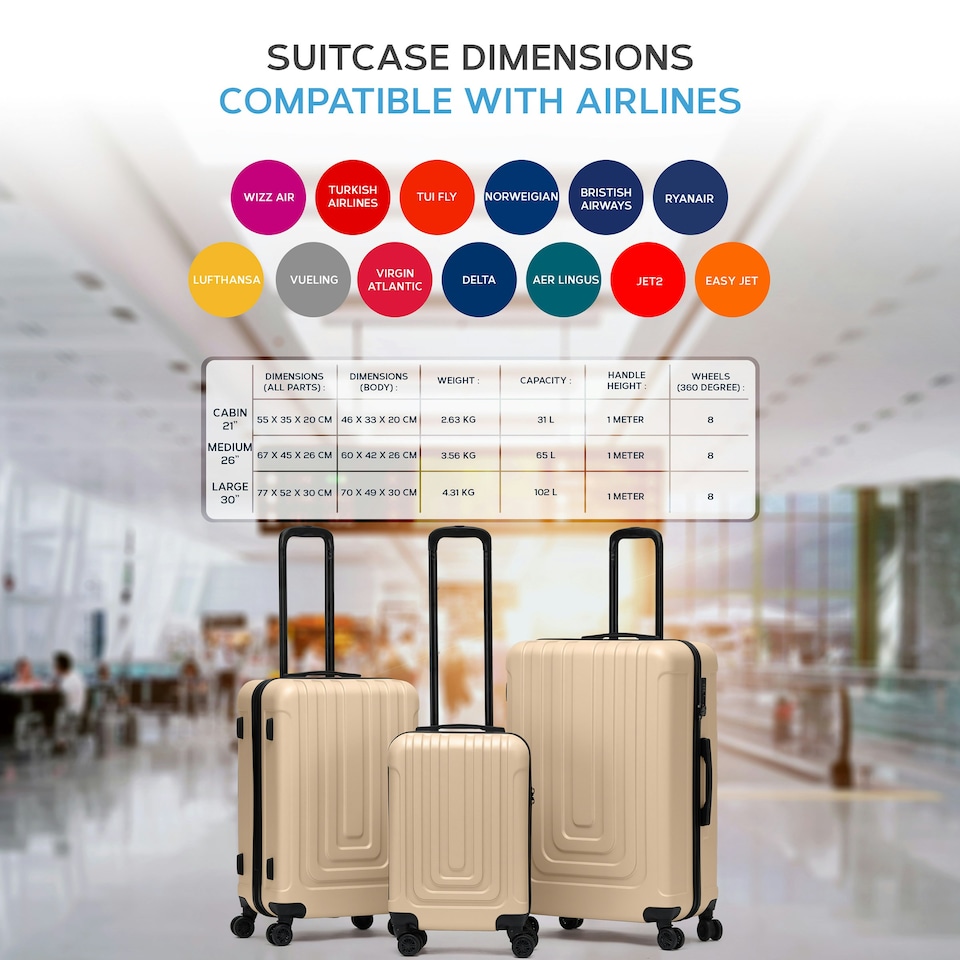image 1 of Flight Knight Premium Lightweight Suitcase - Built-in Side Lock with USB Port - 8 Spinner Wheels - Hard Shell Carry On Or Check in Luggage 100 Airlines Approved Cream | Champagne | Large