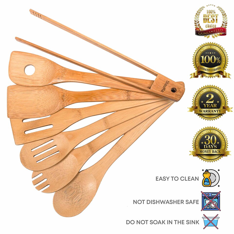 image 1 of BlauKe Wooden Kitchen Utensils Set of 7 - Bamboo Cooking Utensils for Non-Stick Cookware - Wooden Spatulas, Wooden Spoons, Tongs