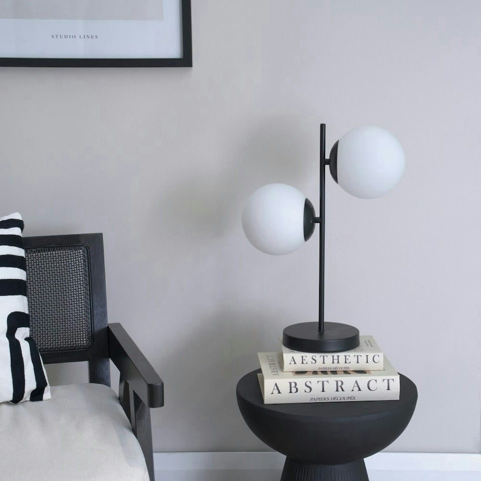image 1 of ValueLights Jas Opal White Frosted Glass Globe Shades 2 Way Black Table Lamp | Black