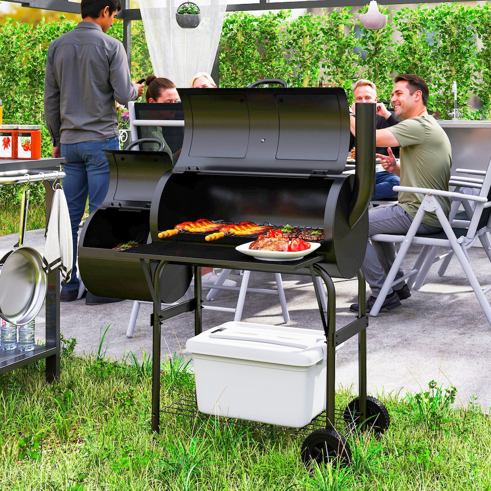 image 1 of Outsunny Portable Outdoor Charcoal Grill BBQ Grill with Offset Smoker Black