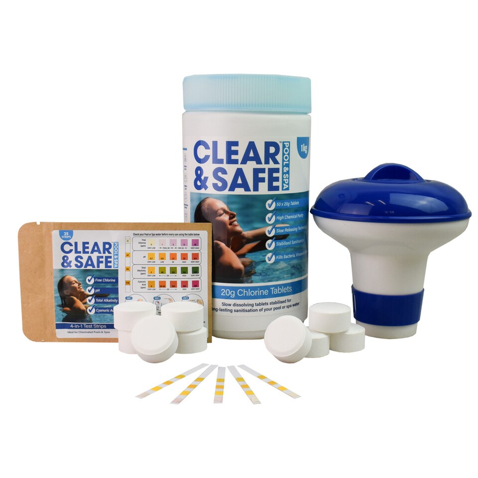 Clear & Safe 1kg 20g Chlorine Tablets for Pool, Spa & Hot Tubs - 50 tablets + Spa Dispenser + Test strips