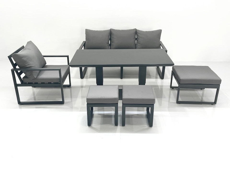 image 1 of Fimous Outdoor Aluminium Garden Furniture Set with Adjustable Rising Lifting Dining Table 3 Seater Sofa Chair 3 Footstools Dark Grey